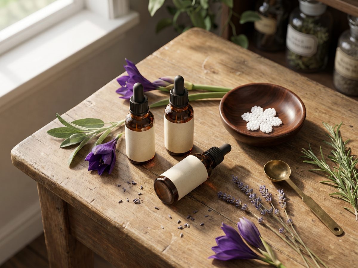 Frascos âmbar com conta-gotas, flores violetas e glóbulos homeopáticos arranjados em flor sobre uma tigela de madeira.